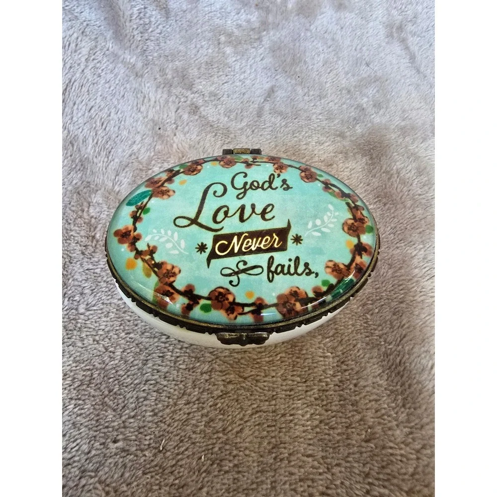 Gods Love Never Fails Ceramic Trinket Box Teal Floral Hinged Jewelry Keepsake